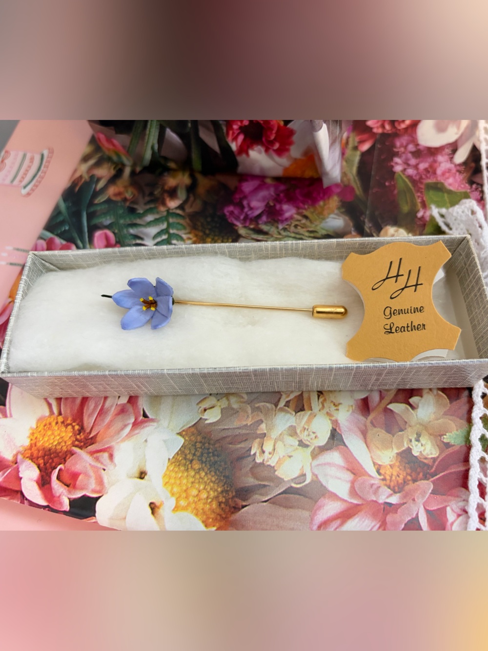 Leather Crocus Flower Brooch Pin with Gold Stem - New in Box